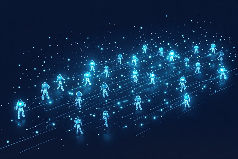 A coordinated swarm of small glowing autonomous agents moving in formation, illustrating Claude Sonnet 5's lower-cost agentic AI.