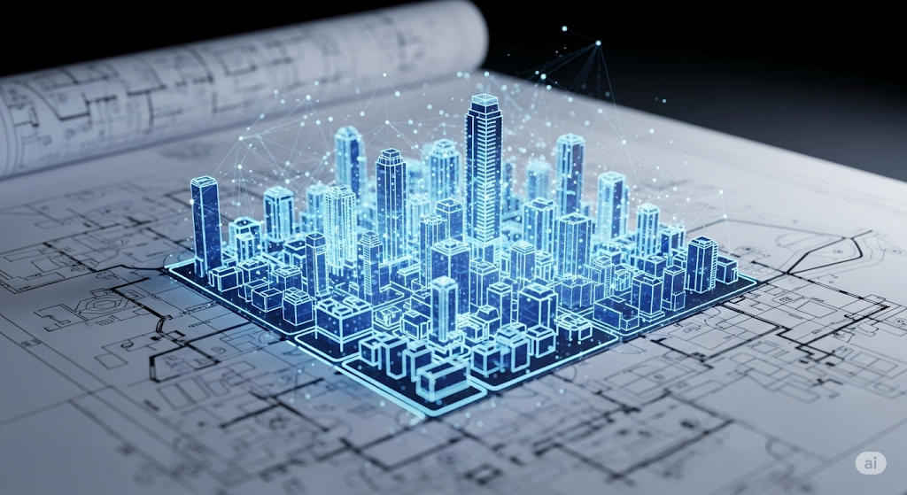 Real estate blueprint with data visualization overlay