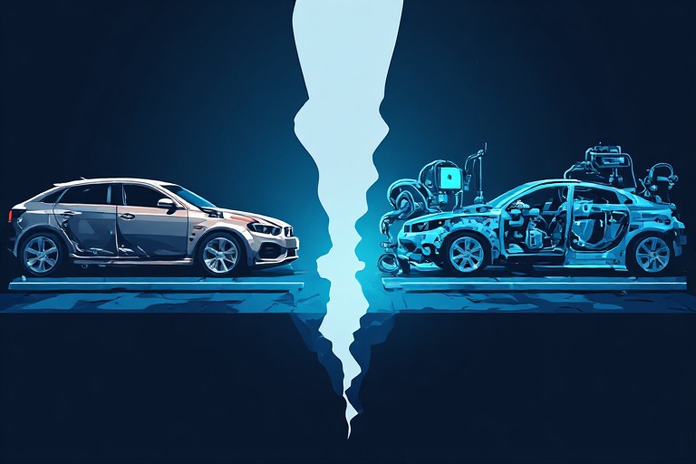An automotive line split by a chasm, a hand-built car on one side and an AI-automated car on the other, illustrating Michigan's auto-industry AI skills gap.