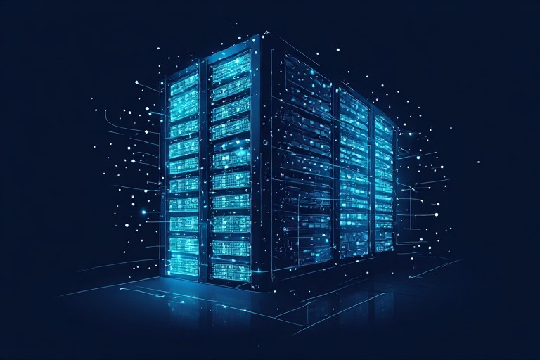 A colossal AI server rack rendered with blueprint wireframe lines, illustrating Nvidia's Kyber rack-scale system delayed to 2028.