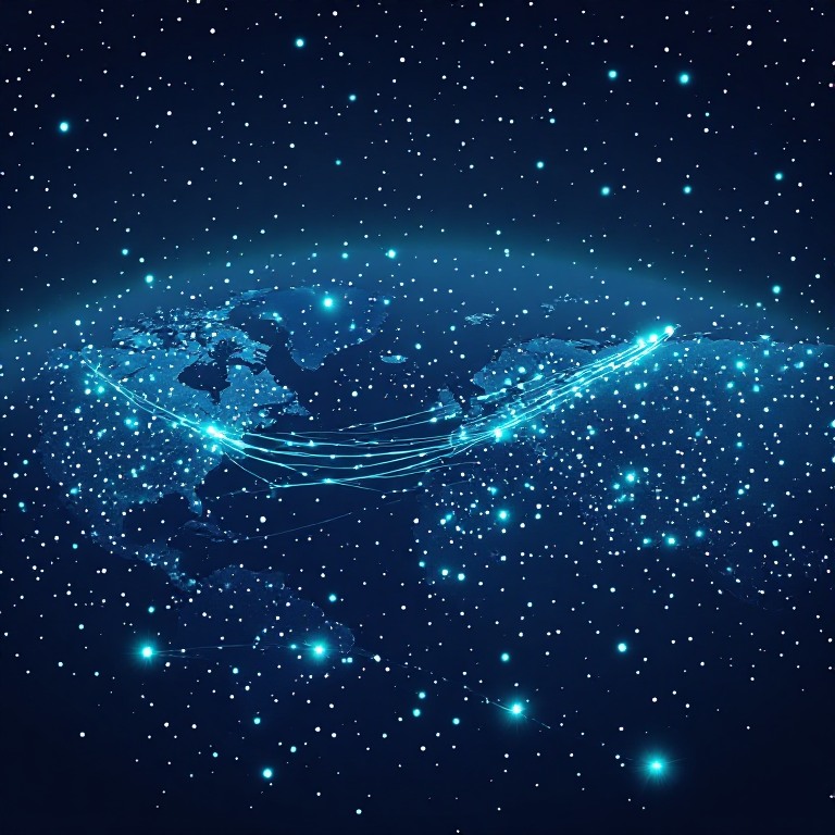 Two continents linked by glowing data trails across the Atlantic, illustrating AI transparency rules connecting the US and EU.